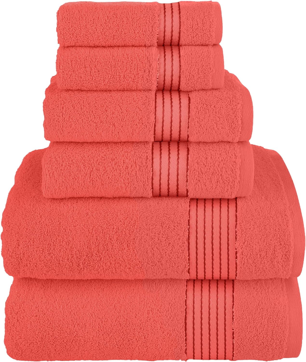 6-Piece Fade Resistant Bath towel, Hand and Washcloth Set - Cotton, Coral