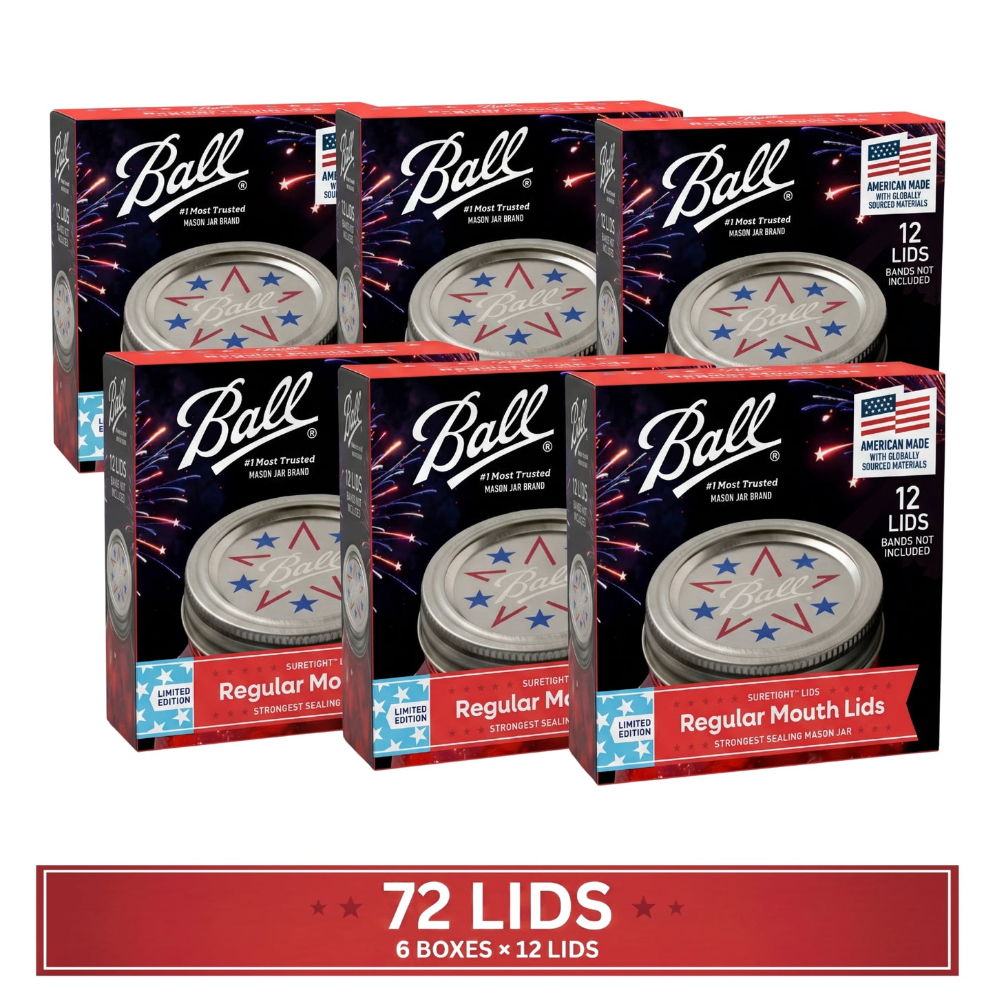 (6 pack) Ball Edición Limitada Americana Tapas para Frascos Mason, Tapas de Boca Regular para Frascos Mason, Paquete de 12