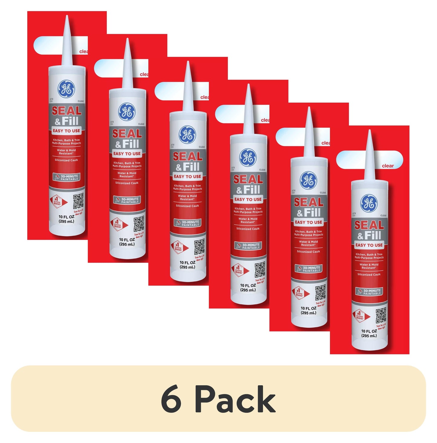 (6 pack) GE Sellar y Rellenar Multipropósito Cocina y Baño, Paquete de 1, Cartucho Transparente de 10 fl oz