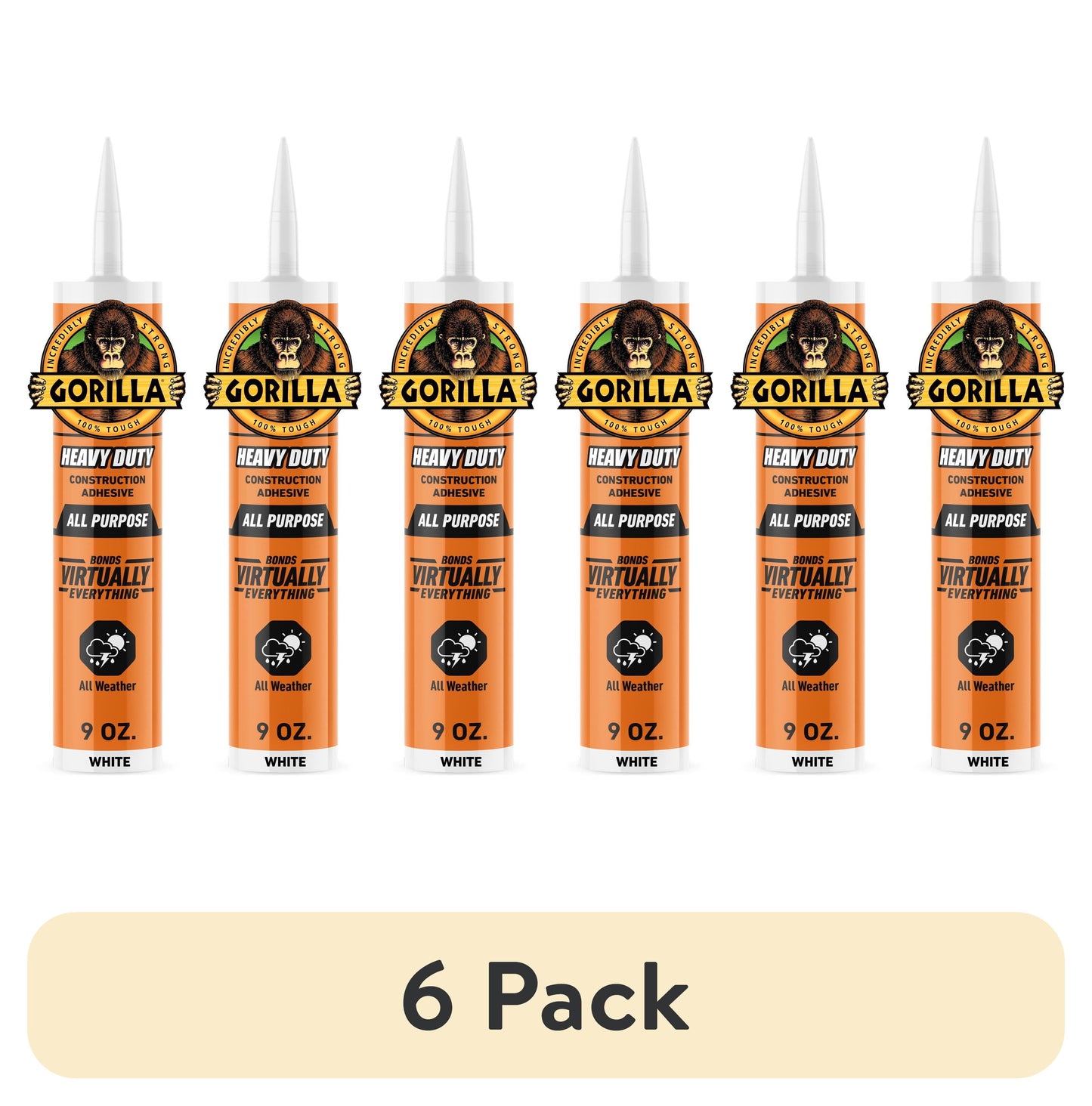 (6 pack) Gorilla Heavy Duty White Construction Adhesive, 9 oz Cartridge