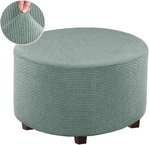 Round Ottoman Slipcover Polyester Blend Footstool Protector Covers Stretch with Elastic Bottom Feature Textured Machine Washable Jacquard Fabric (Sage, Large Size)