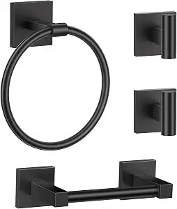 Matte Black Bathroom Accessories, Toilet Paper Holder, Towel Ring & Hooks