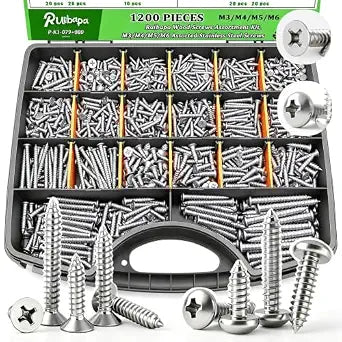 1200 PCS Stainless Steel Wood Screws Assortment Kit,Self Tapping Screws M3/M4/M5/M6 Screws Assortment Kit,1200Pcs(605pcs Round Head & 595pcs Flat Head) Sheet Metal Screws Assorted