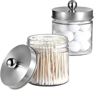 SheeChung Glass Mason Jar Qtip Holder Dispenser, Brushed Nickel Lids,2 Pack