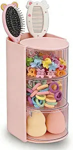 Hair Accessories Organizer for with Hair Brush Holder, Divided Rotatable Makeup Easy Organization of Hair Clips, Rings, Earrings, Makeup Brushes, Hair Clip and Hair Accessories (Pink, 3-Layer)