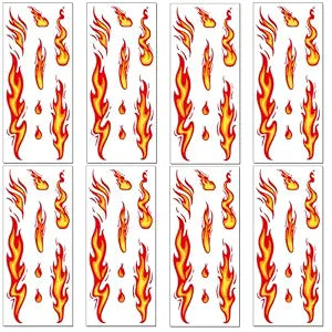 8 Sheets Halloween Flame Temporary Tattoos Stickers,Halloween Cosplay Realistic Face Body Arm Fire Makeup Tattoos Decorations (8, Red Orange)