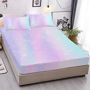 MUSOLEI Colorful Girls Fitted Sheet Set Rainbow Sheets, 3D Rainbow Twin Bedding Set Girl Bed Sheets 2PCS Boho 1 Fitted Sheet with 2 Pillowcases Wrinkle Free Cozy Microfiber for Girls(Full)