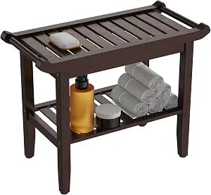 24 in Bamboo Shower Bench for Inside Shower to Sit on,Waterproof Shower Stool for Shaving Legs,Spa Bathroom Shower Chair with Storage Shelf, Bathroom Bench Seat for Senior Adult Disabled Elderly