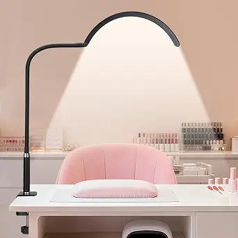 Professional Half Moon LED Desk Light for Nail Techs & Artists Flexible Gooseneck Lamp with Clamp, 5 Color Modes & 5 Brightness Levels for Manicure, Tattoo, Beauty Work