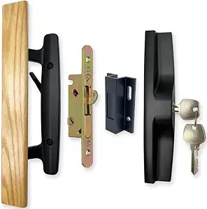 Patio Sliding Patio Door Handle Set with Mortise Lock, Key Cylinder and Keeper, Wood Handle Lock Set Fits Door Thickness from 1-1/2" to 1-3/4", 3-15/16" Screw Hole Spacing, Keyed, White (Black)