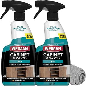 Weiman Cabinet and Wood Cleaner, Shine, Clean and Protect Spray - For Wood Cabinets, Furniture, Tables, Baseboards, Trim and more, 16 oz, 2 PACK with MicroFiber Towel