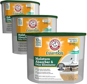 Arm & Hammer Essentials Disposable Moisture Absorber and Odor Eliminator Tub, Linen Fresh, 1 lb., 3-Pack, Attracts and Traps Excess Moisture, Ideal Closet Non-Electric Dehumidifier