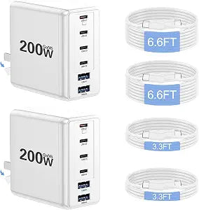 Lcssio 2 Pack 200W USB C Charger with 4 USB Cables, 6-Port Wall Charger