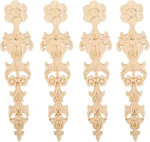 4Pcs Wood Carved Appliques Onlays Long Flower Carving Decals for Furniture