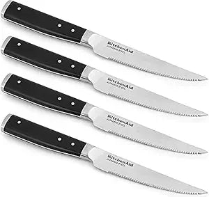 KitchenAid Gourmet 4 Piece Forged Triple Rivet Steak Knife Set, Japanese Steel, Sharp Kitchen Knife Set, 4.5 inch, Black