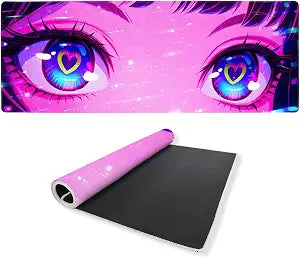 Anime Girl Desk Mat 35.4 x 15.7 Inches Kawaii Heart Eyes Neon Gaming Mouse Pad with Non-Slip Rubber Base, Smooth Cloth Surface Desk Keyboard Mat for Computer, PC, Laptop, Desktop