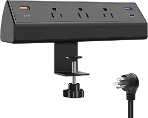 Desk Clamp Power Strip with USB C,65W Fast Charging Station for iPhone 14 Pro Max iPad MacBook Air,Power Supply for Desk Edge Mount,3 Widely Spaced Outlets Surge Protector,6ft Cord (Black)