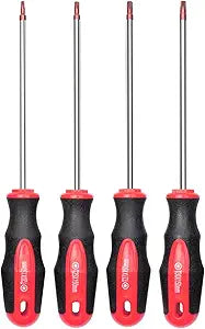 ROTATION 4PCS Magnetic Tip Torx Screwdriver Set, 4 Torx Star Screwdrivers, T20, T25, T27, T30, Red Tip | Red, Gloss, S2 Steel