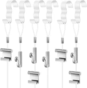Dunzy 10 Pcs Picture Rail Hooks for Hanging, 71" Clear Nylon Cord, White
