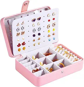 QBestry All-in-One Travel Jewelry Organizer for Women Pink | Small Jewelry Box with 68 Earring Holes | Compact Portable Jewelry Case for Earrings, Rings, Necklaces | Perfect Gifts for Mom Wife Girls