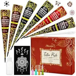 6 Pack Temporary Tattoo Cones Kit, Multi Color Body Art with Accessories
