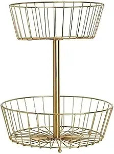 Gourmet Basics by Mikasa Geneva 2-Tier Countertop Fruit Basket Gold-Finish Metal Storage Stand for Kitchen Countertop Organization, Produce Display