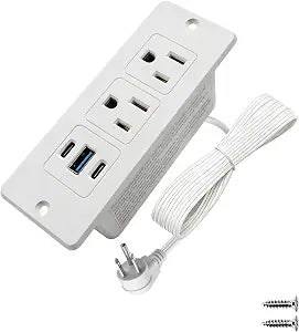 Furniture Recessed Power Strip with USB C 20W & USB A 18W,2 Outlets 3 USB Ports(2 USB C+1 USB A),Flush Mountable Electrical Outlet for Desk Cabinet Nightstand Counter, 6.56ft Flat Plug Cord (White)
