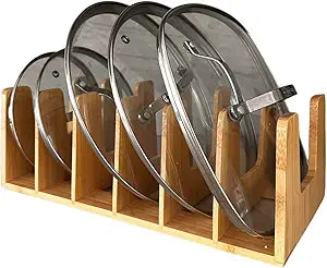 Kitchen Cabinet Organizer - Sturdy Bamboo Pot and Pan Organizer for Under Cabinet - Multiuse Lid Organizer - Durable & Minimalist Lid Holder