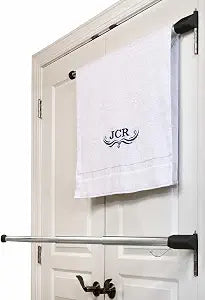 Door Towel Rack No-Drill Hinge-Mounted Towel Bar for Bathroom or Bedroom Doors, No Assembly, Works with Standard Interior Doors, Space-Saving Telescoping Design (Black/White) (White)