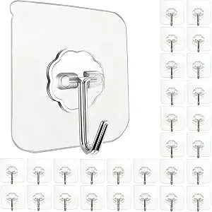 Self Adhesive Hooks - Set of 30 Clear Heavy Duty Wall Hangers, 33 lb Max