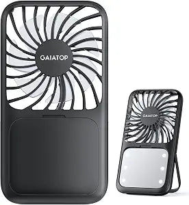 Gaiatop Portable Handheld Fan, LED Makeup Mirror, Travel Essentials Black