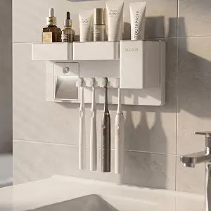 Toothbrush Holders for Bathrooms Toothbrush Holders Wall Mounted with Magnetic Night Light-4 Toothbrush Slots, 3 Independent Storage Compartments Bathroom Decor All-in-One Organizers Accessories White