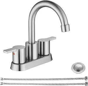RKF 4 Inch Brushed Nickel Sink Faucet - 2-Handle Centerset With Drain, 360 Swivel Spout for Bathroom Vanity, 3 Hole Basin Lavatory Mixer Tap BF015-9-BN