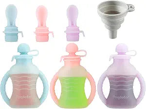 PandaEar 3 Pack Reusable Silicone Baby Food Pouches with 3 Puree Feeder Spoons & Funnel | 4oz Toddler Food Storage Pouch with Handle | BPA-Free Baby Squeeze Pouches for Homemade Purees