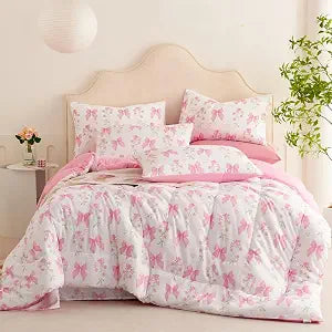 Pink Bow Comforter Set Queen Reversible Pink Floral Bedding Set