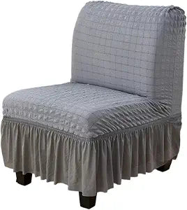 Armless Accent Chair Cover, seesucker Fat Slipper Chair Slipcover with Skirt for Cafe Living Room Hotel (Silver Grey,M)