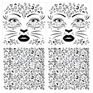 HOWAF 4 Sheets Snow Leopard Face Tattoos for Halloween Costume, Leopard Print Temporary Tattoos for Cheetah Makeup Cosplay, Black White Leopard Spots Fake Full Face Tattoos