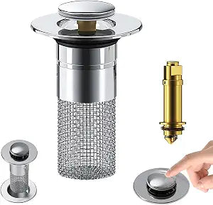 Pop Up Bathroom Sink Drain Strainer Hair Catcher, Sink Drain Stopper with Removable Stainless Steel Filter Basket, for US Universal Bathroom Kitchen Basin Sink Stopper Replacement, Silver