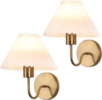 Brushed Brass Wall Sconces Sets of 2 With White Pleated lampshade, Indoor Gooseneck Gold Wall Lamp Lighting, Bathroom Dresser Hardwired sconces wall decor Fixture for Living Room Bedroom Dining Room