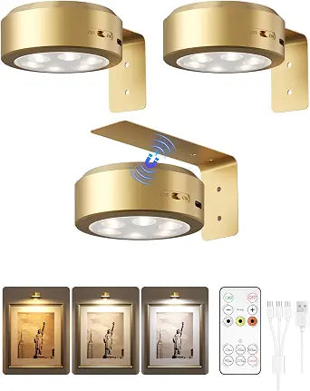 Picture Lights for Wall, Rechargeable Magnetic with Remote (Gold-3P)