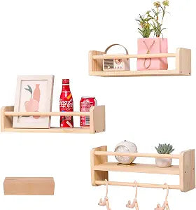 Wall mounted multifunctional storage rack, natural pine kindergarten bookshelf, furniture decoration rack, children's room floating bookshelf, bathroom, kitchen seasoning bracket (3-piece set)