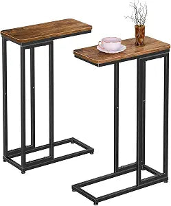 Simple Trending C Shaped Side Table, End Table Set of 2, Sofa Couch Table TV Tray for Living Room, Small Space, Rustic Brown