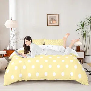 Erosebridal Pale Yellow Polka Dot Queen Comforter Cover for Kids Boys Girls - Modern Boho Accent Duvet Cover Geometric Dots Printed Bed Set Rustic Artwork Bedding Set