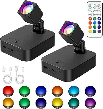 long-stars RGB Spotlight Indoor with Remote Rechargeable Picture Lights Color Changing Uplighting, Wireless Mini Accent Lighting for Plant Painting, Artwork, Wall 2Packs
