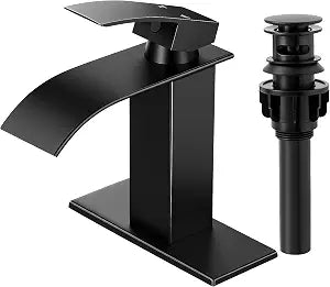 Matte Black Bathroom Faucet with Waterfall Spout and Pop-up Drain