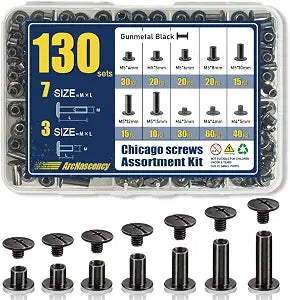 130 Sets Gunmetal Black Chicago Screws Leather Rivets Kit, 7 Sizes (M5*4,5,6,8,10,12,15) & 3 Screw Lengths (M4*3,4,5) for Belts, Bookbinding, DIY Leather
