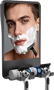Infitrans Shower Mirror for Shaving Fogless with Multifunctional Storage for Razor and Shaving Foam Canister, Adhesive or Screw Optional Installation,Adjustable Angle, Black