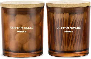 Glass Qtip Holder 2 Pack , Qtip Holder Dispenser Bathroom Set Bathroom Organizers and Storage Q tip Holder with Lid Makeup Storage Organizer for Cotton Swabs,Cotton Balls,Pads ,Amber