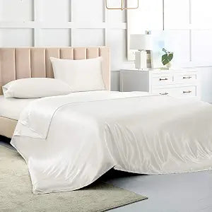 Luxbedding Satin Bed Sheets Set, Full Size Sheets, 4 Pieces, White