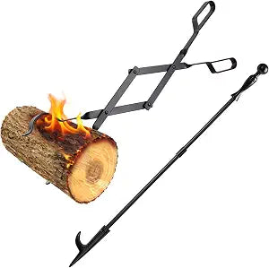 Heavy Duty 32" Long Fireplace Fire Pit Campfire Poker Stick and 26" Fireplace Tongs Tool Set Log Grabber Rust Resistant fire poker Camping Fireplace Tools for Indoor Outdoor Solo Stove Accessories